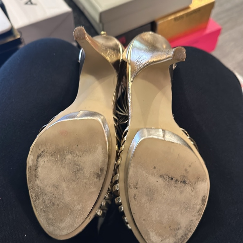 Gold strapped high heels with zippered back. - Picture 6 of 6